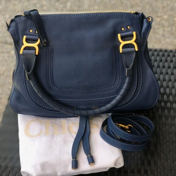 Chloe Marci Medium Navy Leather Satchel with Gold Hardware - Picture 1 of 8